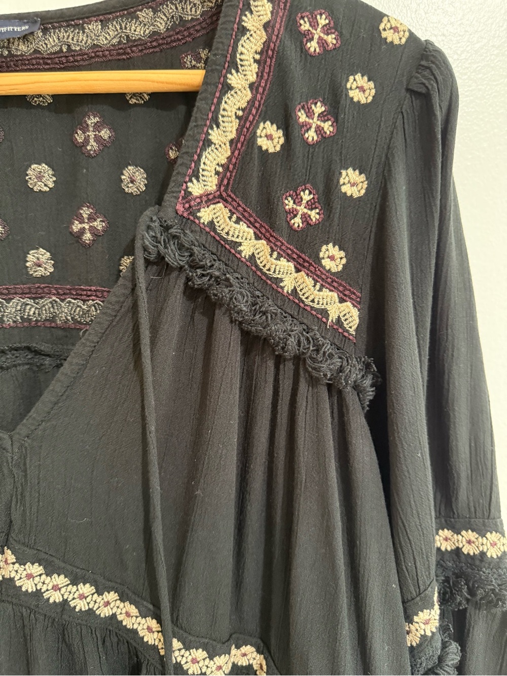 American Eagle Black Embroidered Boho Babydoll Mini Dress XL - Picture 10 of 13
